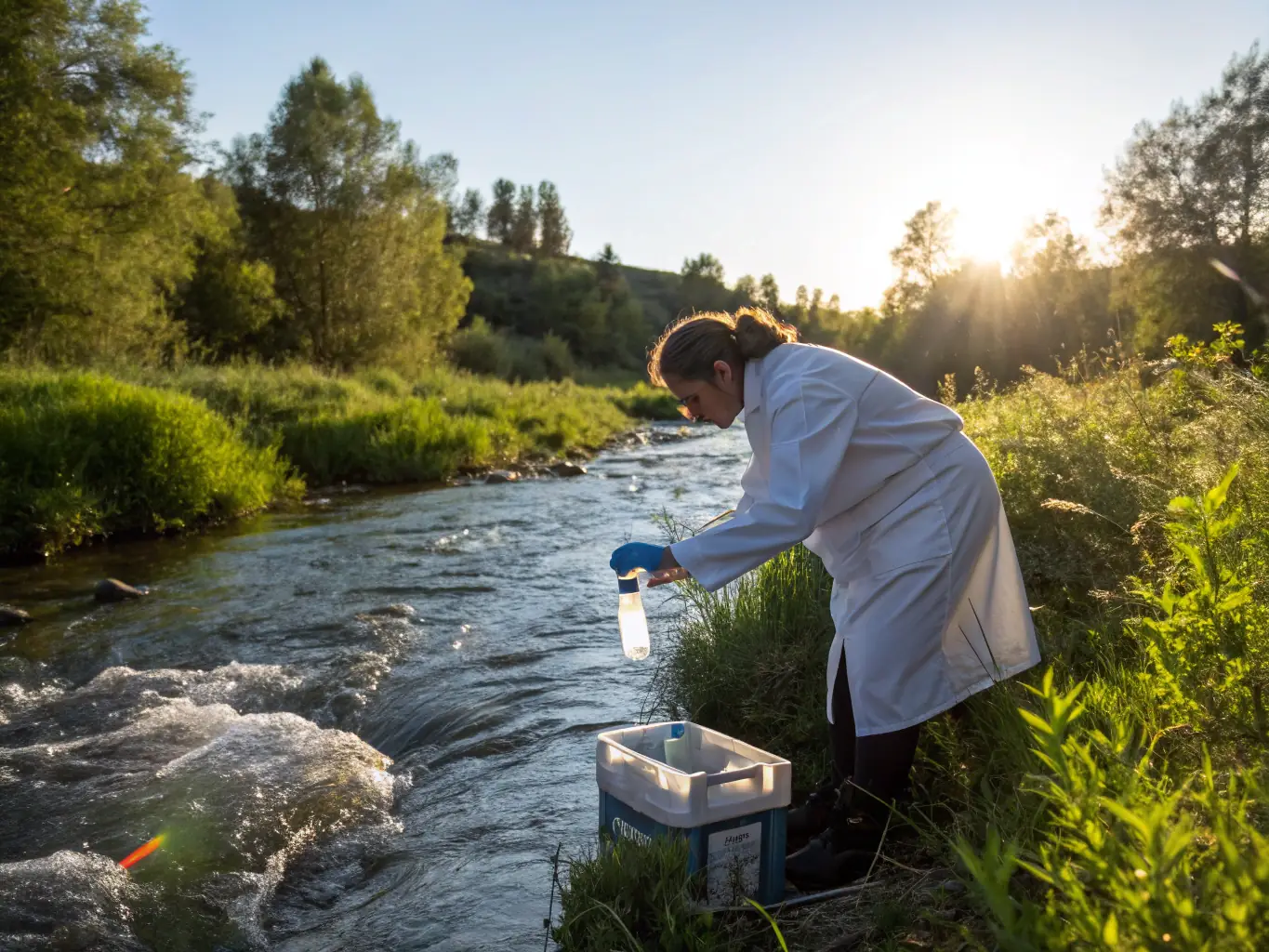 Scientists collecting water samples at a coastal site with laboratory equipment in the background, representing SURFRIDER FOUNDATION EUROPE's research initiatives.