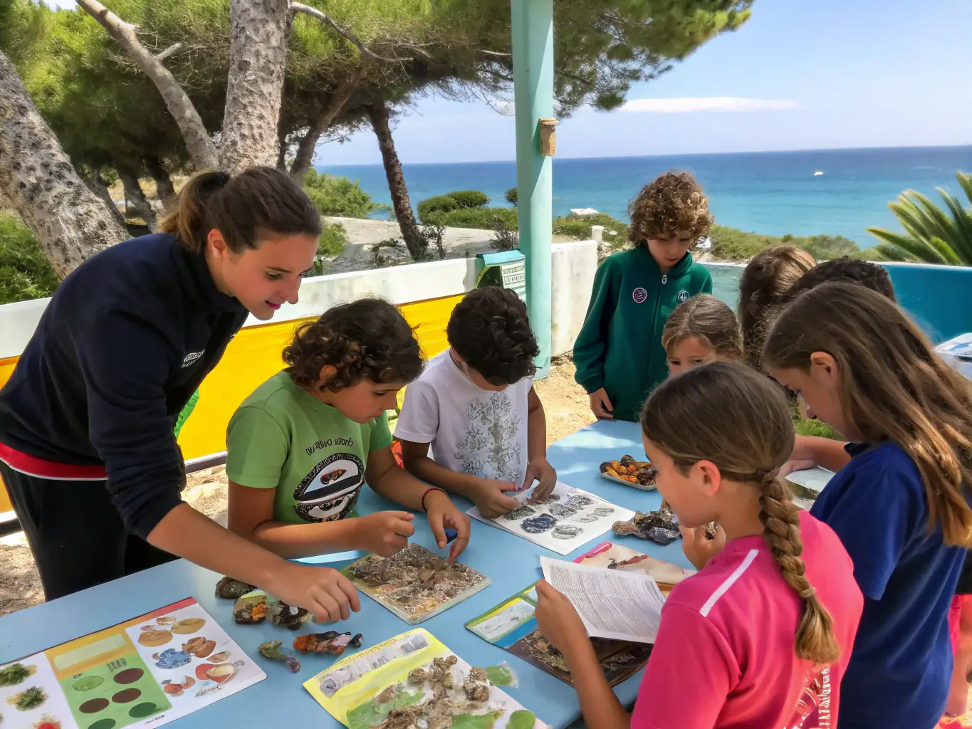 A classroom setting with children learning about marine life through interactive displays and activities, showcasing SURFRIDER FOUNDATION EUROPE's educational campaigns.