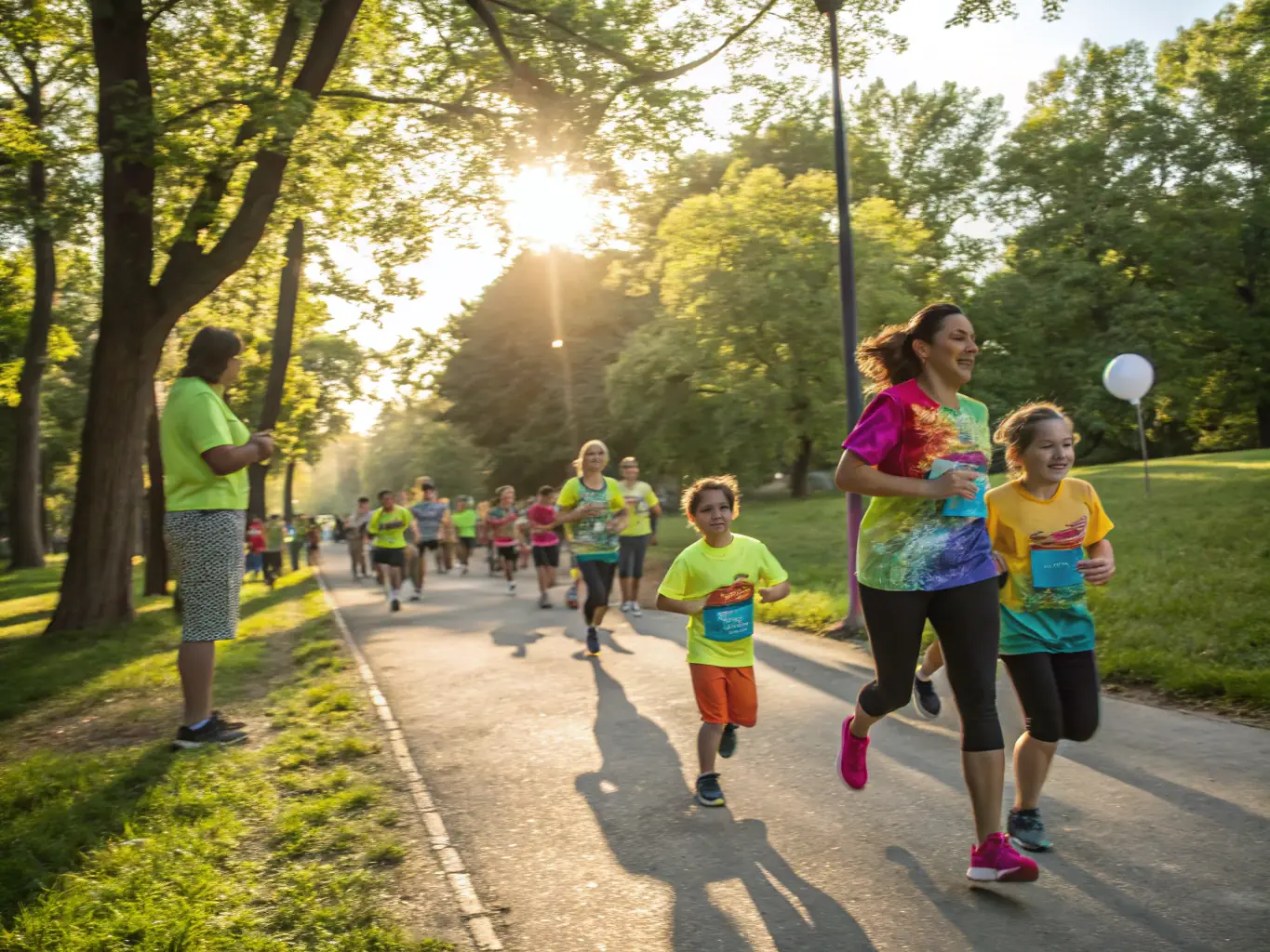 A group of people are running in a charity race. The runners are wearing t-shirts with the SOS logo.