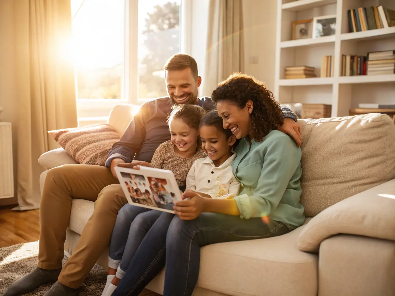 A warm, welcoming family living room with children and caregivers sharing a joyful moment, representing the family-based care program.