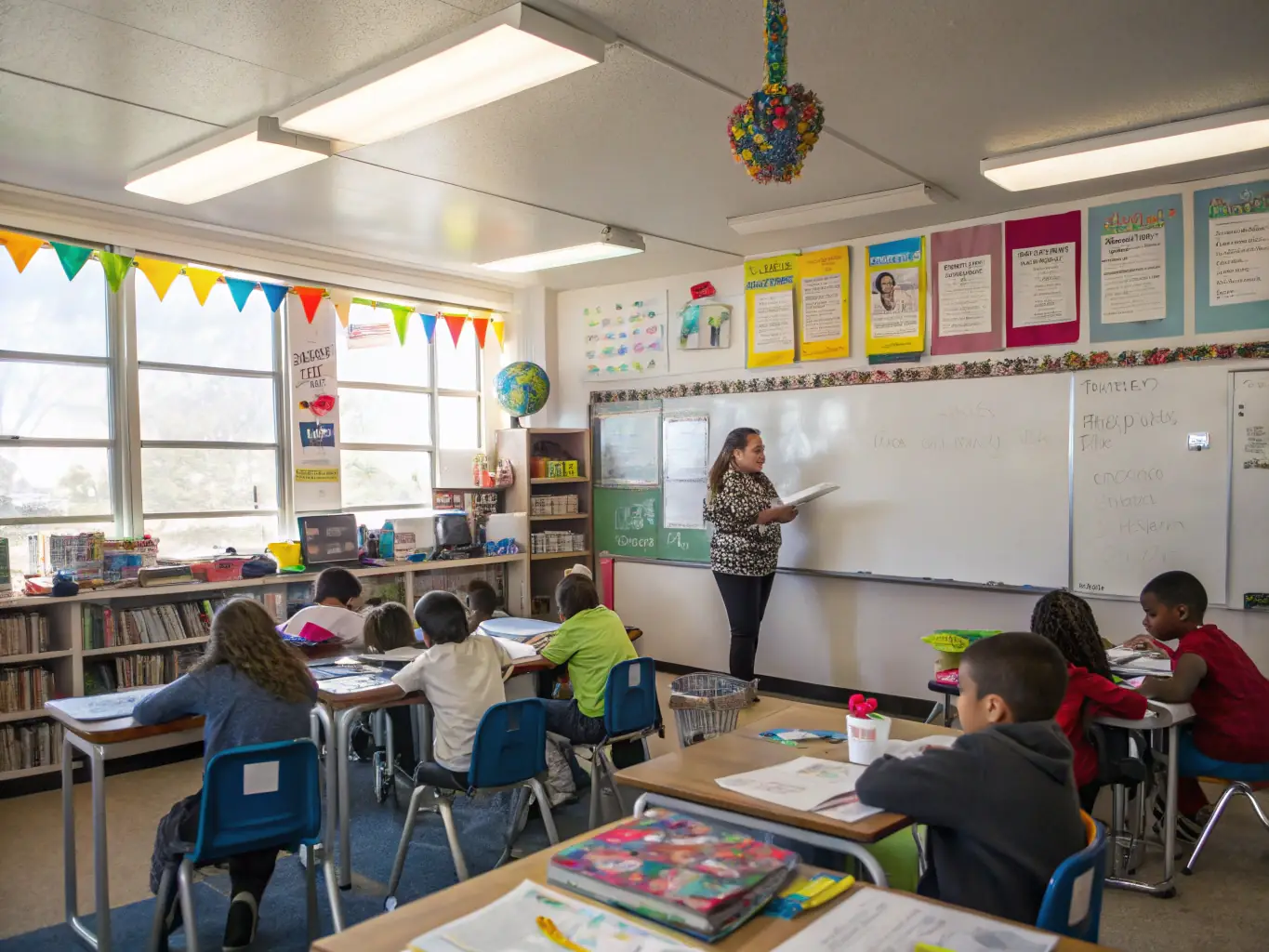 Children studying together with a teacher in a bright classroom setting, showcasing the educational support offered by SOS Villages d'Enfants.