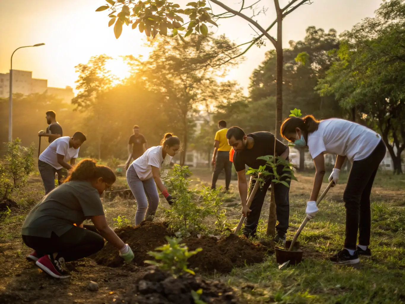 A group of children and adults are planting trees in a park. The sun is shining and everyone is smiling.