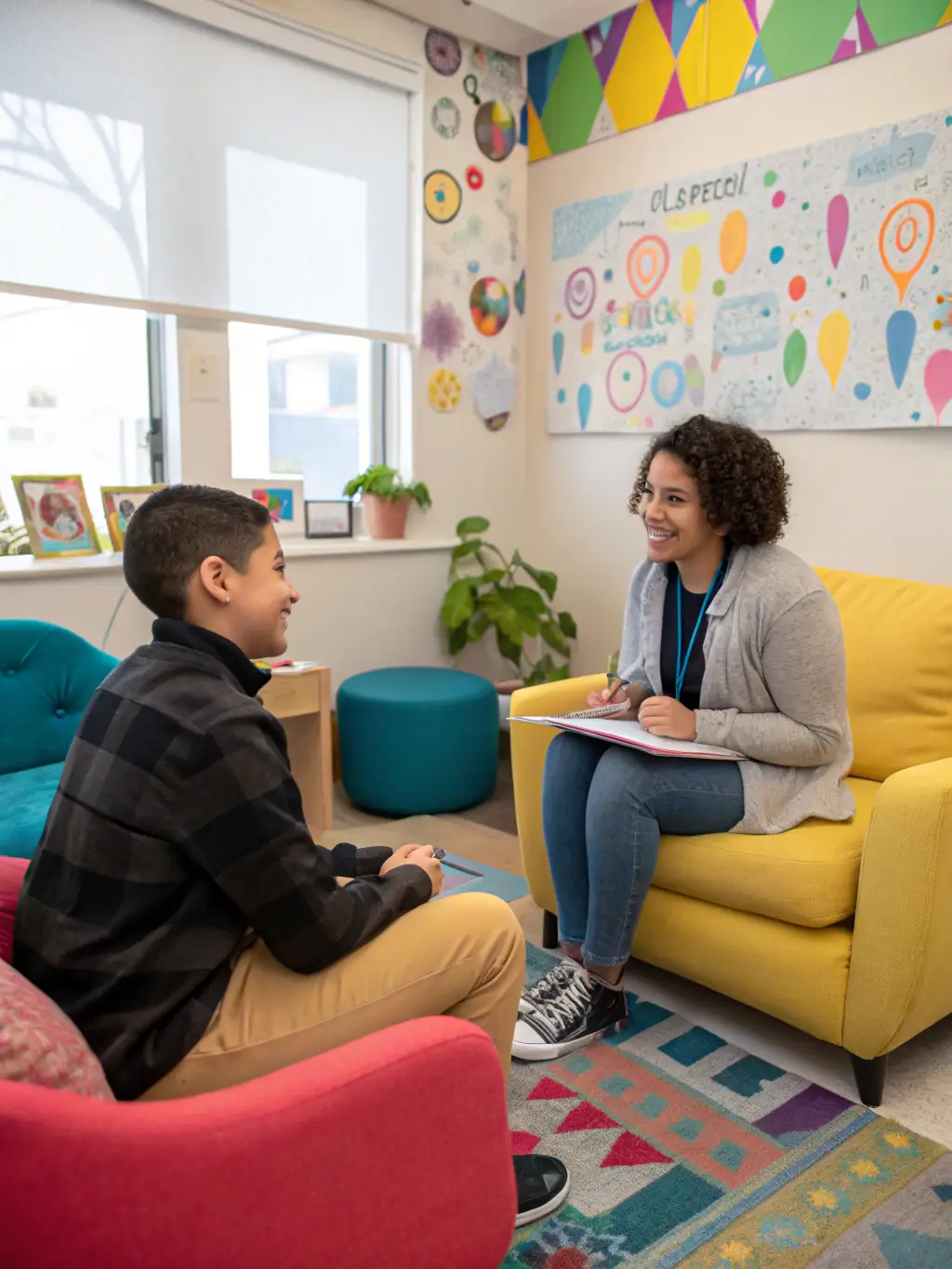 A child receiving counseling from a trained professional at an SOS Village, in a safe and supportive environment.