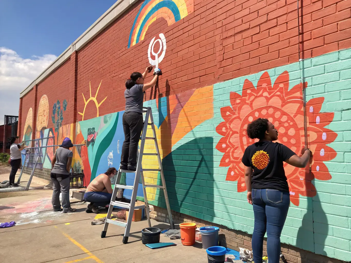 A group of children are painting a mural on a wall. The mural is colorful and depicts scenes of nature.