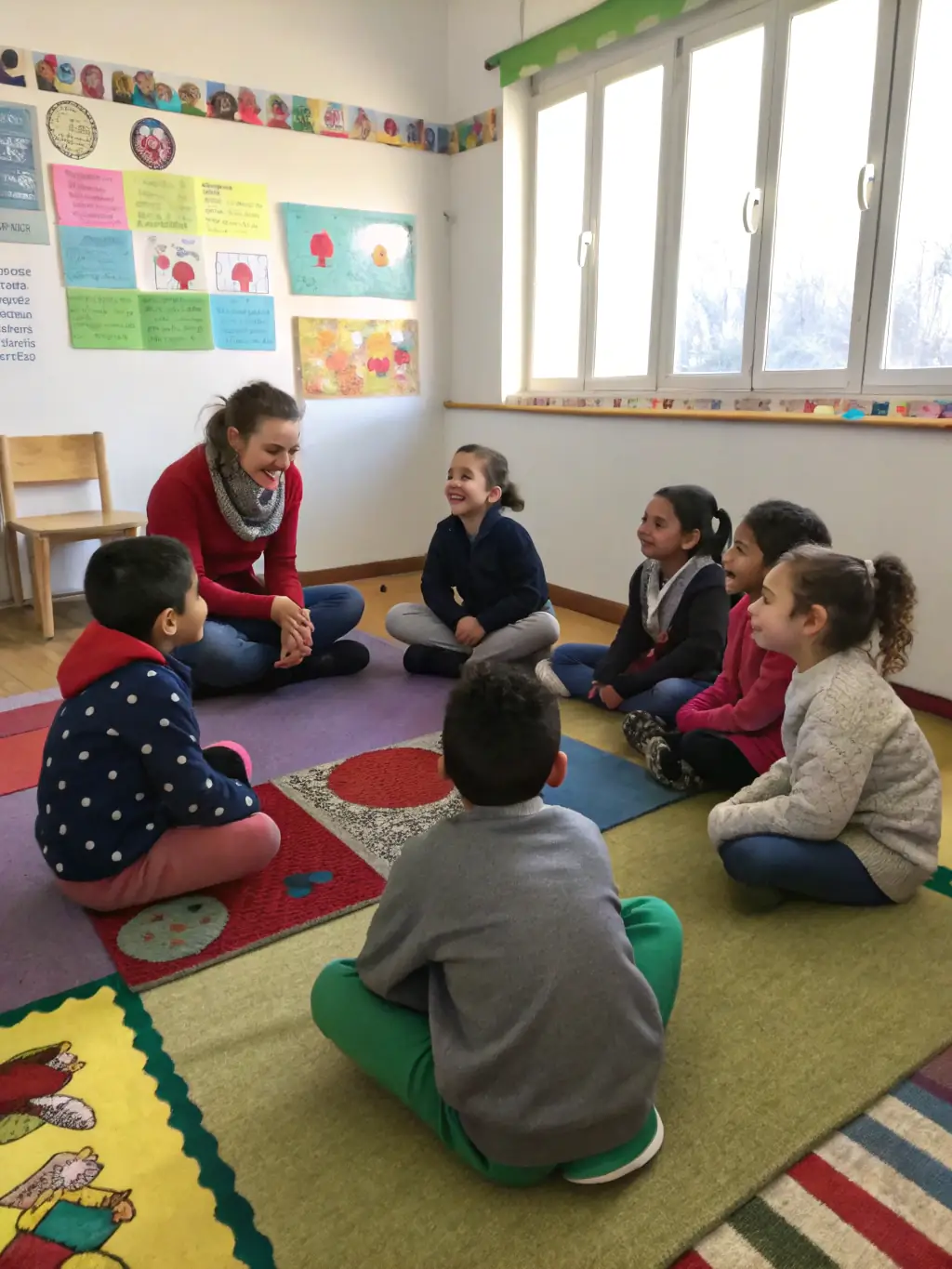 A group of children participating in a group therapy session with a counselor, illustrating the psychosocial support offered by SOS Villages d'Enfants.