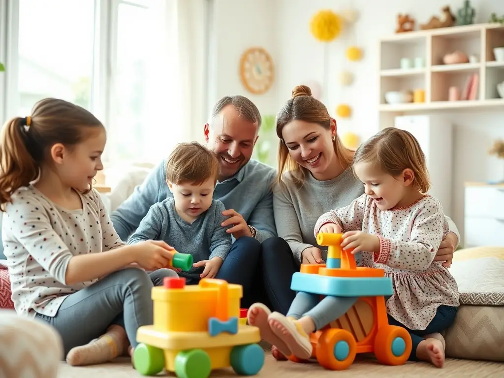 A warm, welcoming family living room with children and caregivers sharing a joyful moment, illustrating the family-based care provided by SOS Villages d'Enfants.