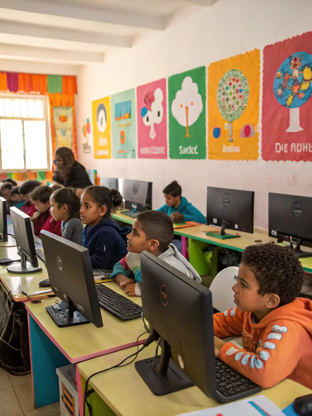 A group of children participating in an educational workshop at an SOS Village, with a teacher guiding them.