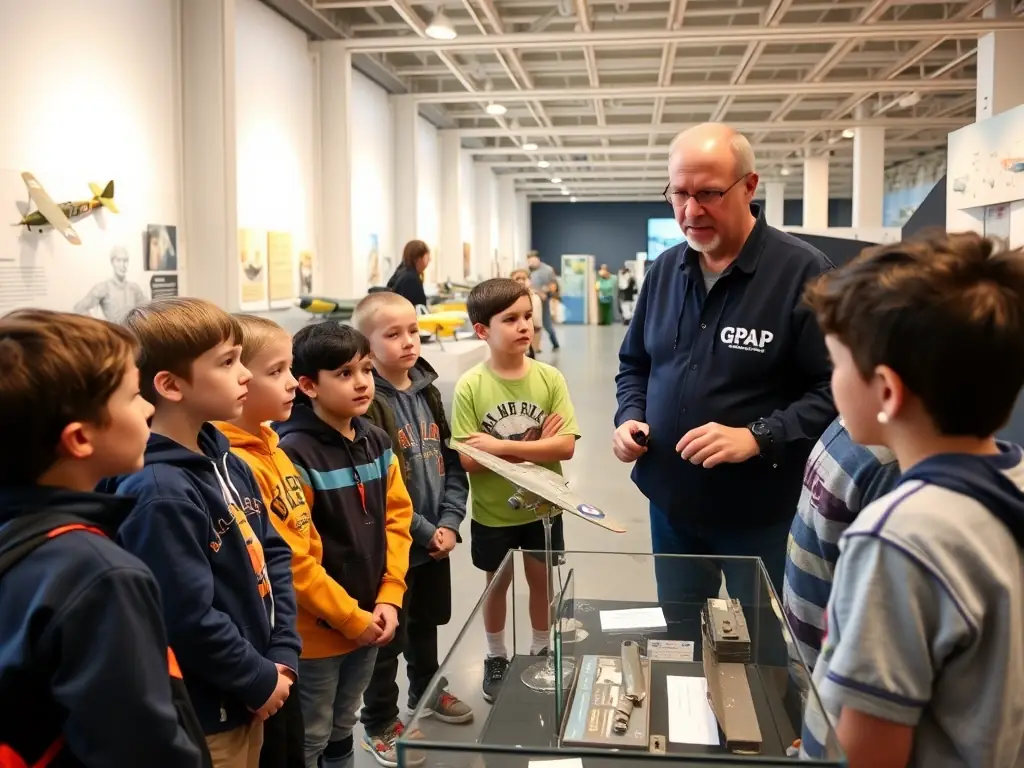 A group of students attentively listening to a GPAP docent during a guided tour of an aeronautical exhibition, highlighting the organization's commitment to education.