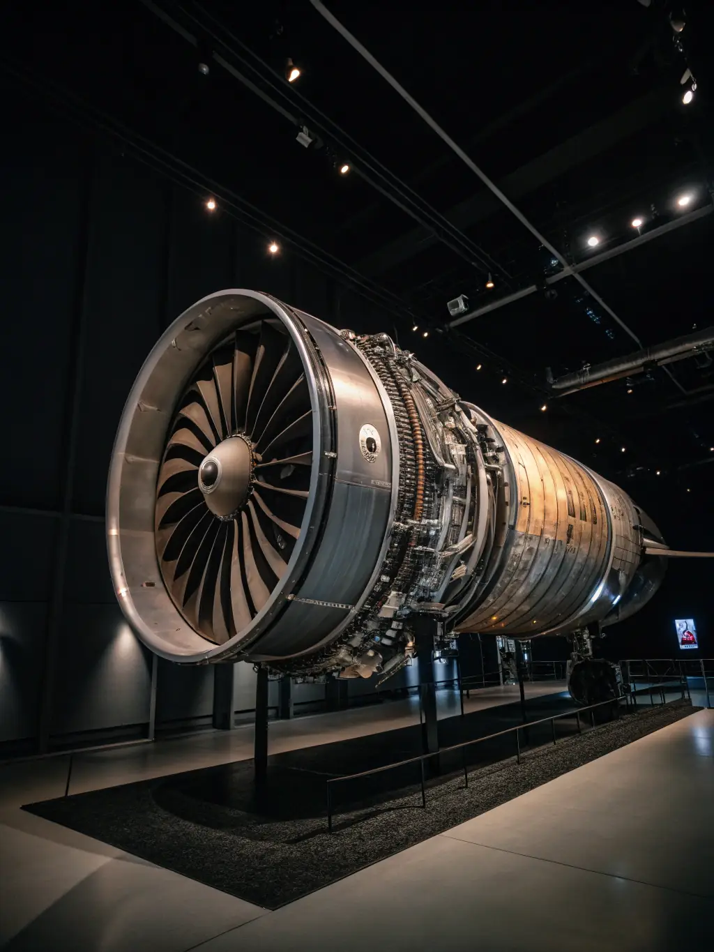 A restored vintage aircraft engine on display, showcasing the intricate mechanics and historical significance, set against a backdrop of a hangar.