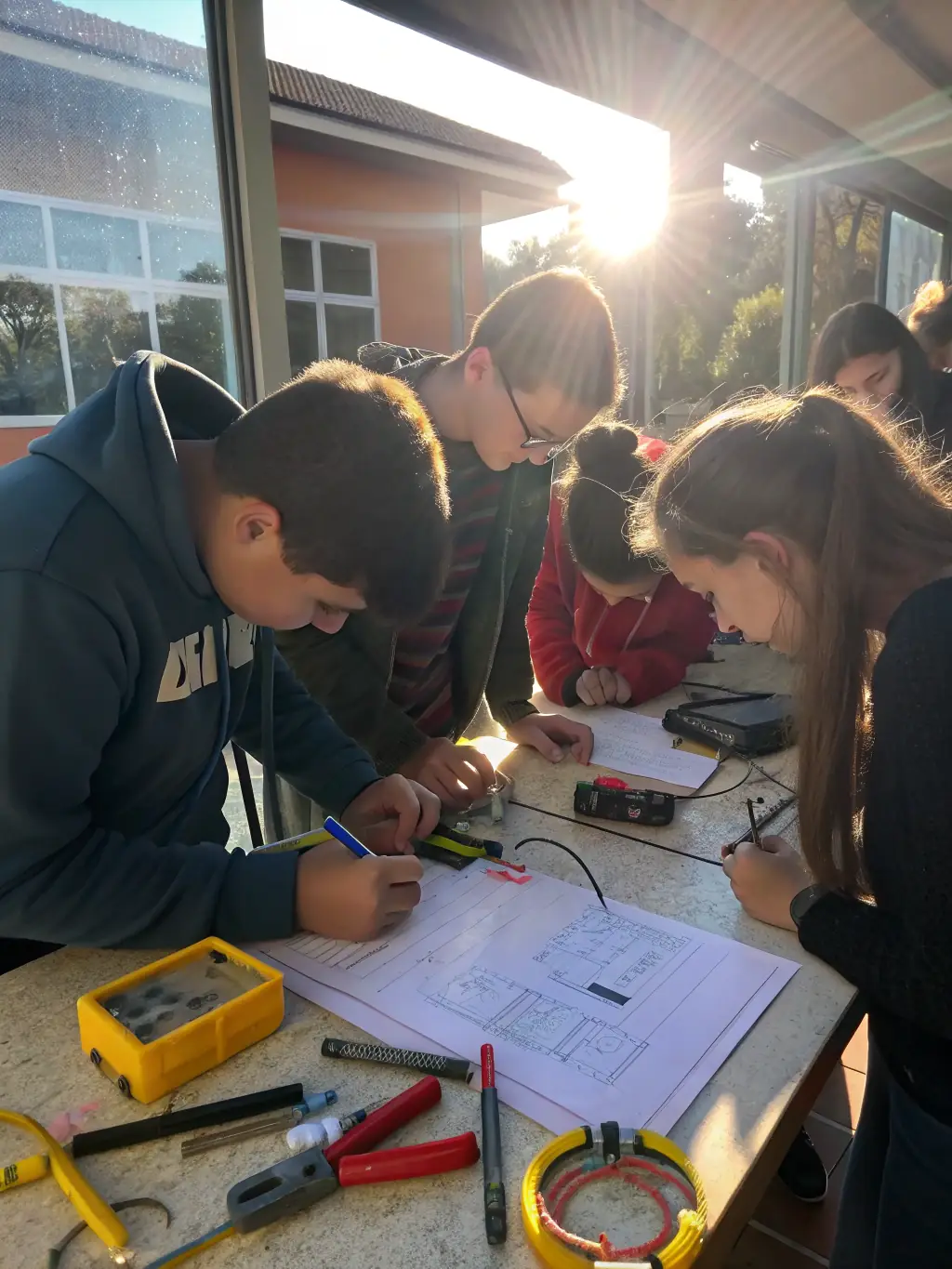 A group of students participating in a workshop, learning about aviation history and aircraft mechanics, with a focus on hands-on experience.