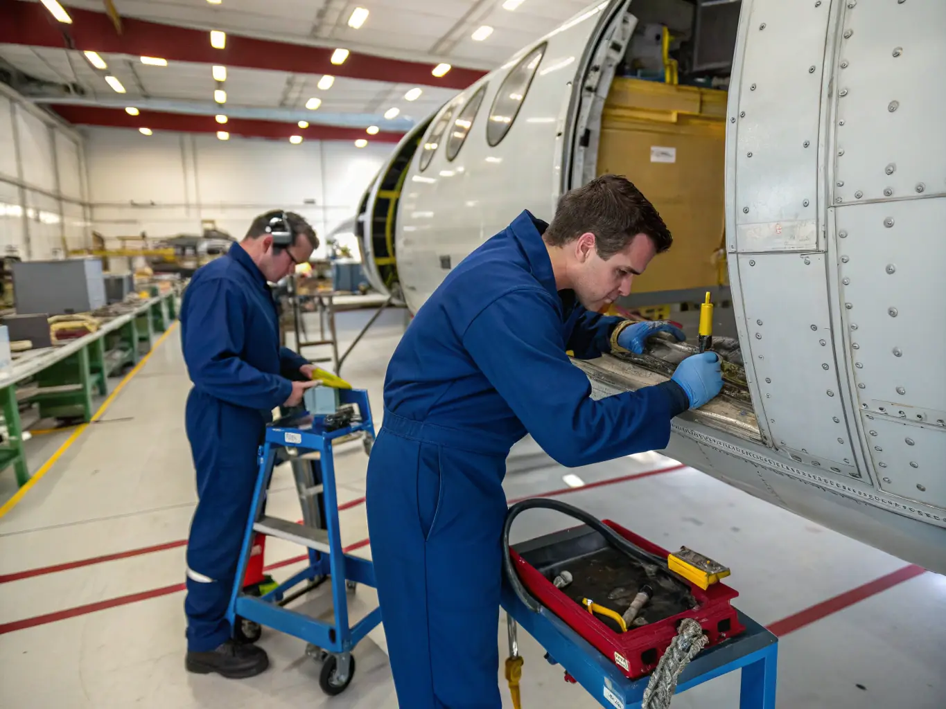 A photograph depicting volunteers meticulously restoring a vintage aircraft wing in a well-equipped workshop, showcasing the hands-on nature of GPAP's preservation efforts.