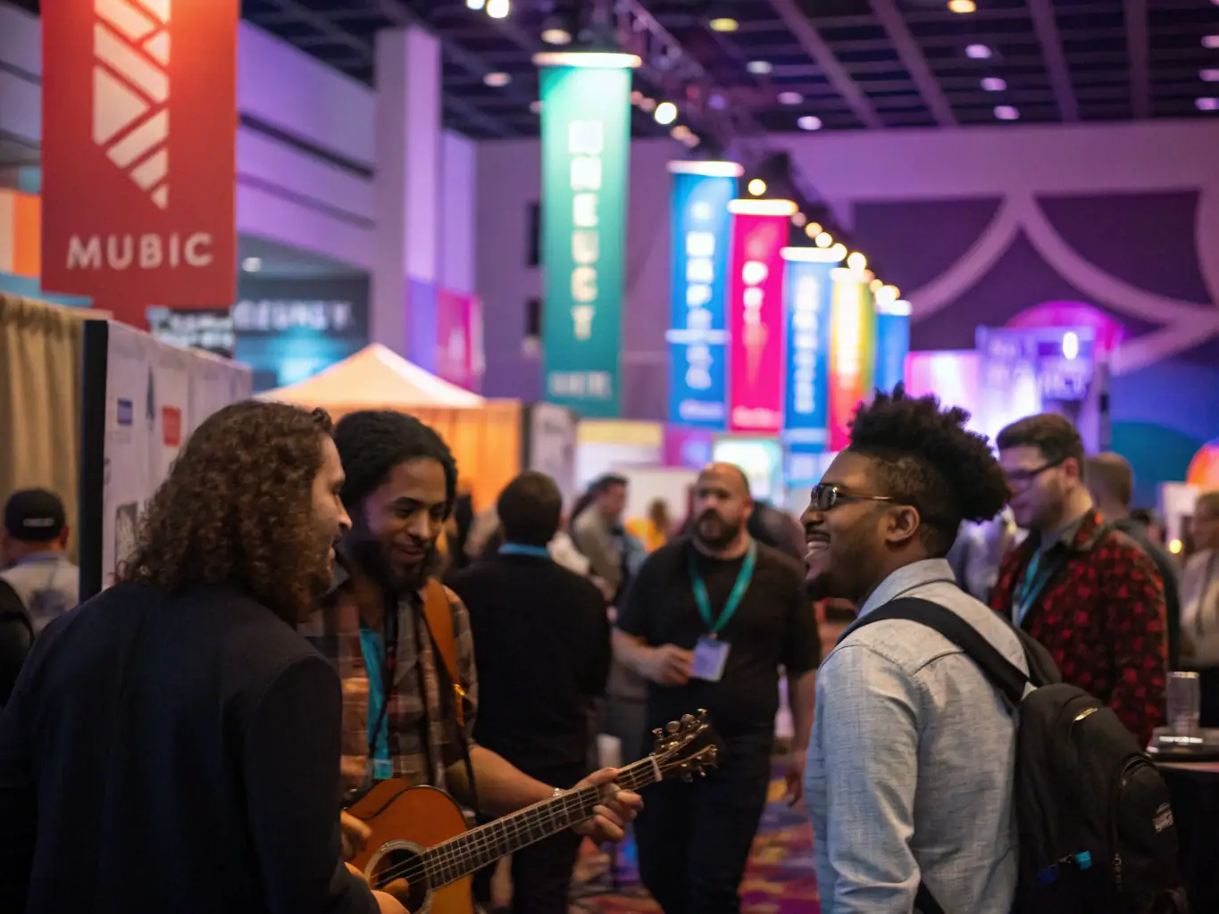 A diverse group of artists, technicians, and partners networking at a BLACKSANDS ASSOCIATION music event, fostering collaboration and industry connections.