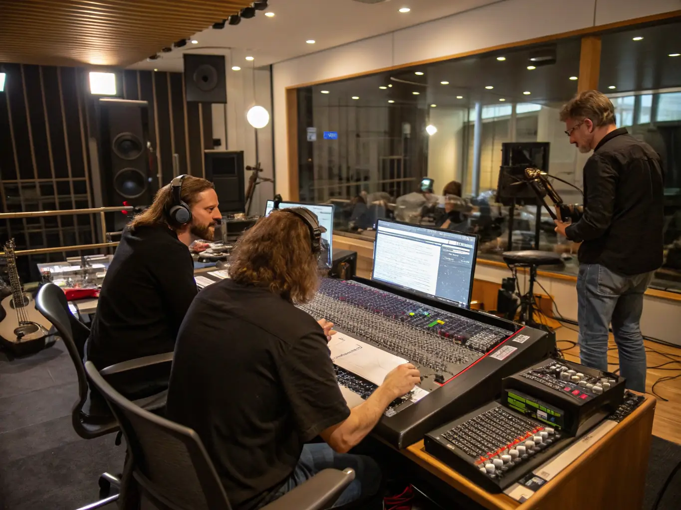 A group of musicians collaborating in a recording studio, surrounded by sound equipment and instruments, showcasing BLACKSANDS ASSOCIATION's support for music production.